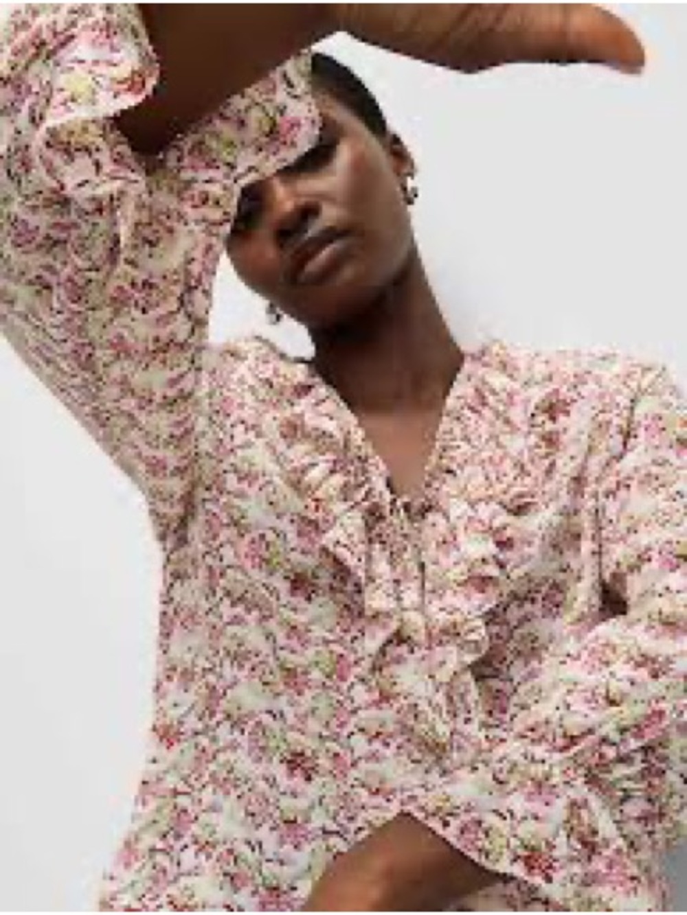 Ruffled V-Neck Floral Blouse - Pink Floral